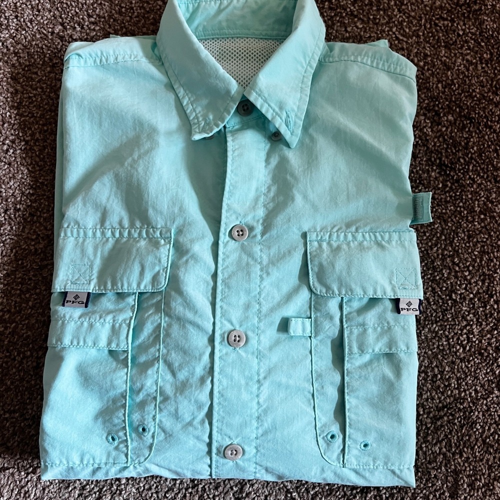 Columbia‎ PFG Fishing Shirt Omni-Shade Teal Roll-Up Long Sleeve Button Up - Picture 7 of 9